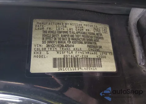 2009 Nissan Versa 1.6 Base z USA, uszkodzony, nr VIN 3N1CC11E39L425414